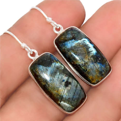 Natural Norwegian Larvikite Rectangle Gemstone set in Solid .925 Sterling Silver Earrings