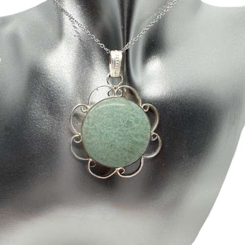 Natural Peruvian Round Amazonite Gemstone set in .925 Sterling Silver Plated Handmade Pendant
