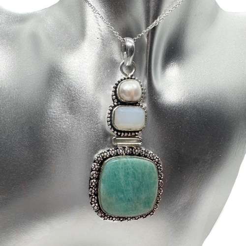 Natural Peruvian Amazonite, Opalite and Biwa Pearl  in .925 Sterling Silver Plated Handmade Pendant