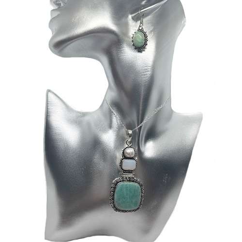 Natural Peruvian Amazonite, Opalite and Biwa Pearl  in .925 Sterling Silver Plated Handmade Pendant