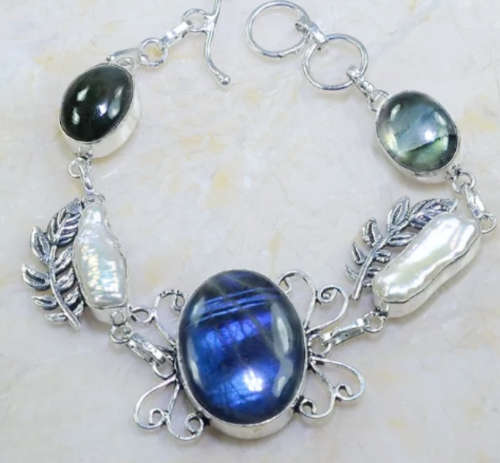 Handmade Natural Fiery Labradorite and Biwa Pearl Gemstone in .925 Sterling Silver Plated Bracelet