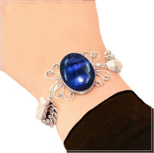 Handmade Natural Fiery Labradorite and Biwa Pearl Gemstone in .925 Sterling Silver Plated Bracelet