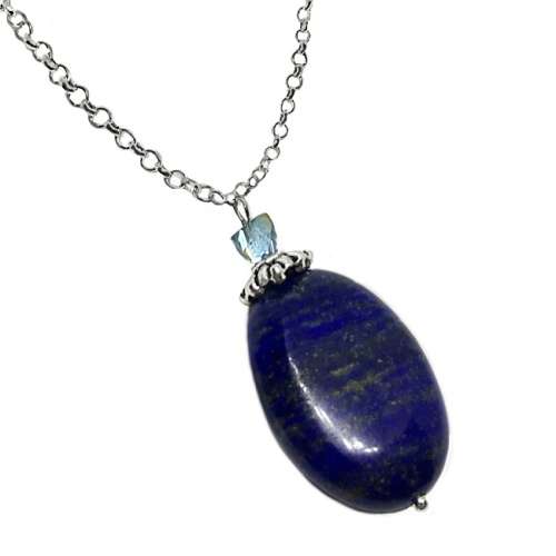 Natural Lapis Lazuli Oval and Swarovski Crystal 3D Triangular Bead .925 Silver Chain Necklace