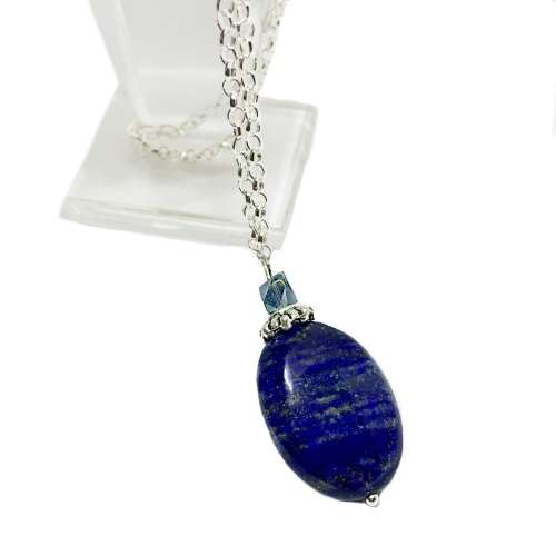 Natural Lapis Lazuli Oval and Swarovski Crystal 3D Triangular Bead .925 Silver Chain Necklace