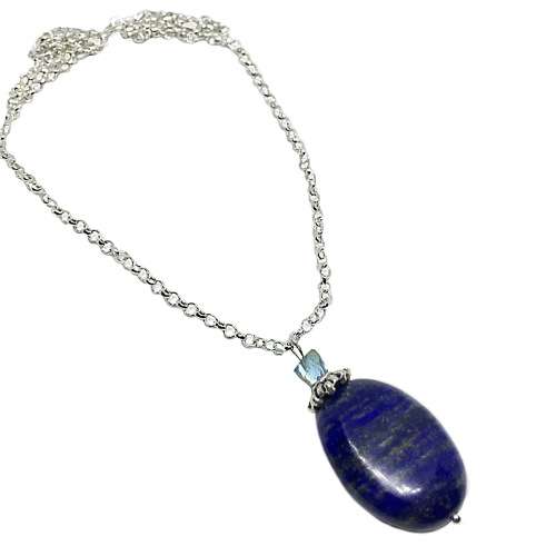 Natural Lapis Lazuli Oval and Swarovski Crystal 3D Triangular Bead .925 Silver Chain Necklace