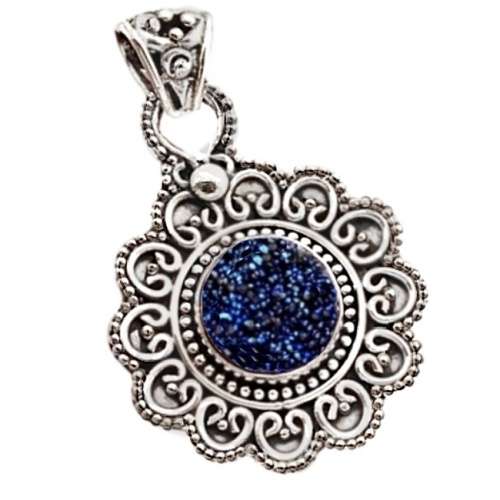 Natural Titanium Druzy Gemstone Solid .925 Silver Pendant