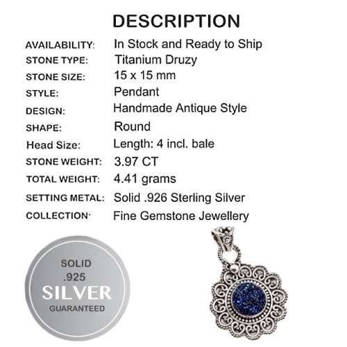 Natural Titanium Druzy Gemstone Solid .925 Silver Pendant