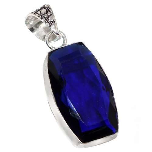 Handmade Geometric Sapphire Blue Quartz set in 925 Sterling Silver Plated Pendant