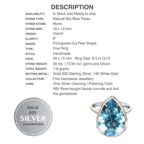 Deluxe Natural Sky Blue Topaz Portuguese Cut Pear Shape Gemstone Solid .925 Silver Size 8.5 OR Q1/2