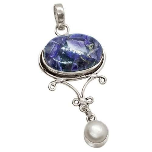 Natural Copper Charoite and White River Pearl set in .925 Sterling Silver Plated Handmade Pendant