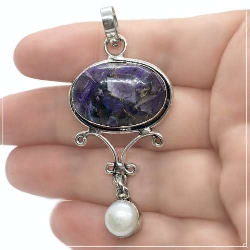 Natural Copper Charoite and White River Pearl set in .925 Sterling Silver Plated Handmade Pendant