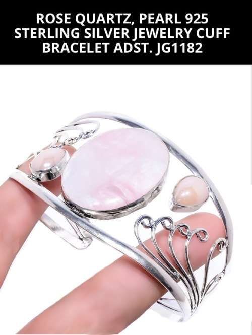 Natural Rose Quartz, Pink Pearl .925 Silver Cuff Bangle