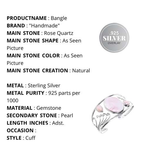 Natural Rose Quartz, Pink Pearl .925 Silver Cuff Bangle