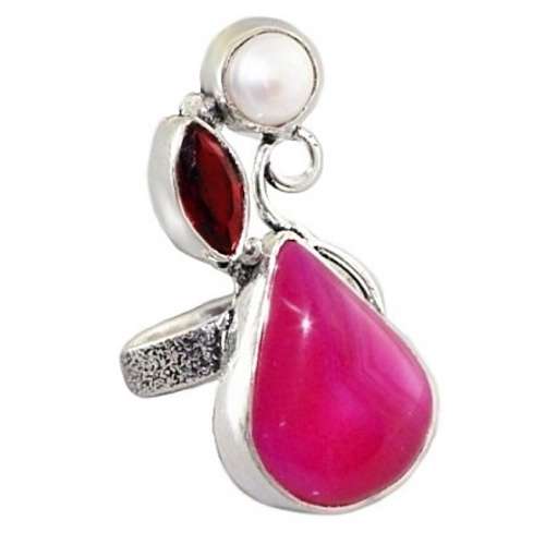 Natural Pink Lace Botswana Agate, White River Pearl .925 Sterling Silver Plated Ring US 5.5 or UK L