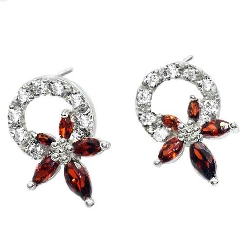 Dainty Handmade Simulated Garnet  White Cubic Zirconia Floral Fashion Stud Earrings