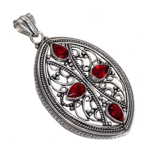 Handmade Ornate Detailing Garnet Quartz Gemstone .925 Sterling Silver Pendant
