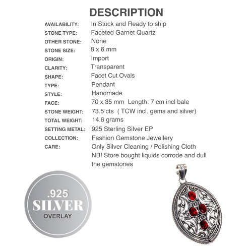 Handmade Ornate Detailing Garnet Quartz Gemstone .925 Sterling Silver Pendant