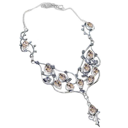 Feature Piece Faceted Peach Quartz Gemstone .925 Sterling Silver Plated Handmade Necklace