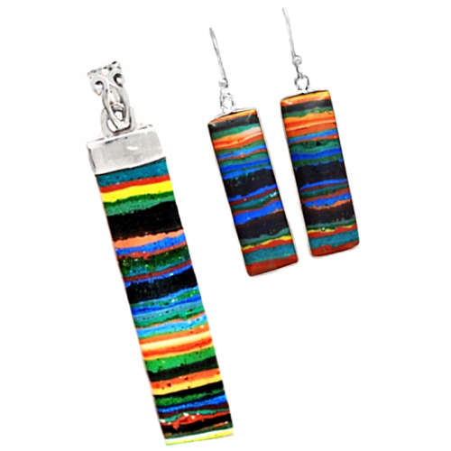 Vibrant Rainbow Calsilica set in Solid. 925 Sterling Silver Earrings and Pendant Set