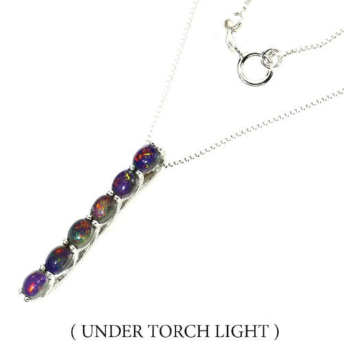 Deluxe 6 Natural Rainbow Flash Black Fire Opal Solid.925 Sterling Silver 14K White Gold Necklace