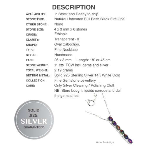 Deluxe 6 Natural Rainbow Flash Black Fire Opal Solid.925 Sterling Silver 14K White Gold Necklace