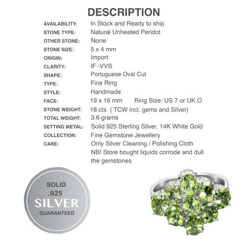 Deluxe Natural Unheated Peridot Gemstone set in Solid .925 Sterling Silver Ring Size US 7 or O