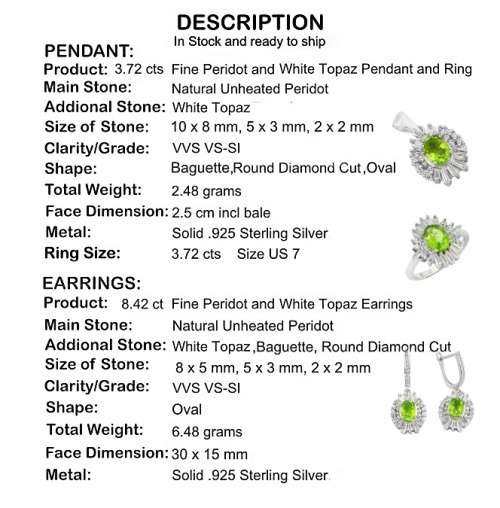Save R800 Exquisite Natural Peridot, White Topaz Gemstone  Solid .925 Silver Set