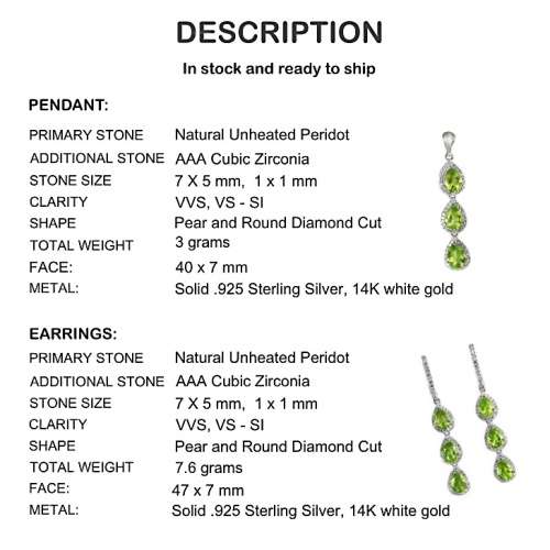Deluxe Natural Peridot And AAA White CZ in Solid .925 Sterling Silver Pendant and Earring Set