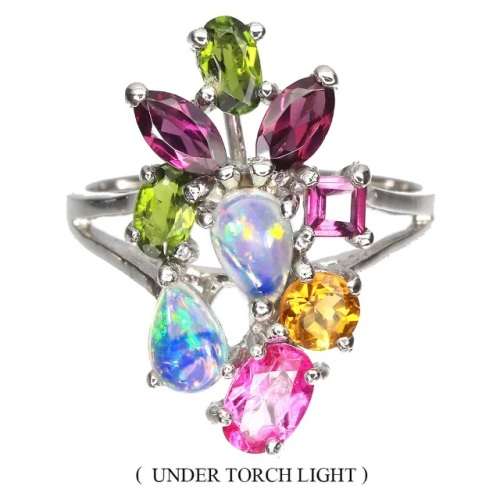 Unheated Fire Opal, Rhodolite, Citrine, Chrome Diopside in Solid. 925 Sterling Silver Ring Size 8 /Q