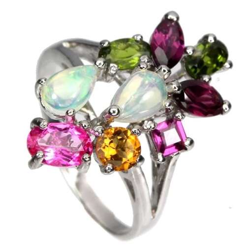 Unheated Fire Opal, Rhodolite, Citrine, Chrome Diopside in Solid. 925 Sterling Silver Ring Size 8 /Q