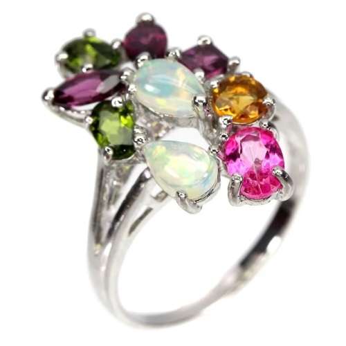 Unheated Fire Opal, Rhodolite, Citrine, Chrome Diopside in Solid. 925 Sterling Silver Ring Size 8 /Q