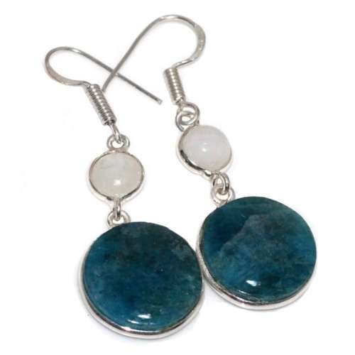 Natural Blue Green Round Apatite and Moonstone Gemstone .925 Sterling Silver Plated Earrings