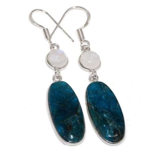 Natural Blue Green Oval Apatite and Moonstone Gemstone set in .925 Sterling Silver Plated Earrings