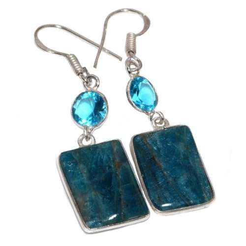 Natural Blue Green Apatite and Swiss Blue Topaz Gemstone set in .925 Sterling Silver Plated Earrings