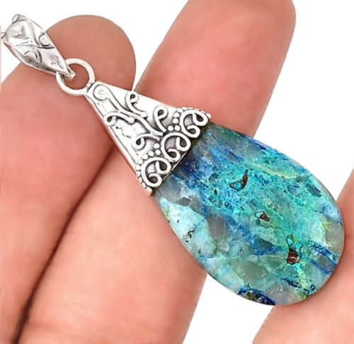 Very Rare Natural Lightning Azurite with Quartz set in Solid .925 Sterling Silver Pendant