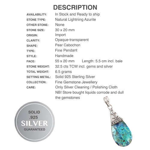 Very Rare Natural Lightning Azurite with Quartz set in Solid .925 Sterling Silver Pendant