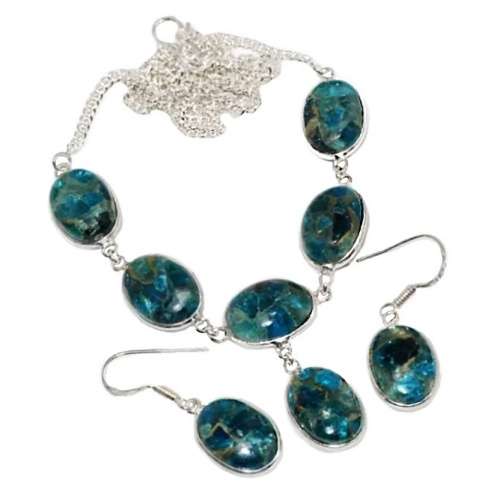 Natural Blue Copper Apatite Ovals set in .925 Sterling Silver Plated Dainty Necklace & Earrings Set