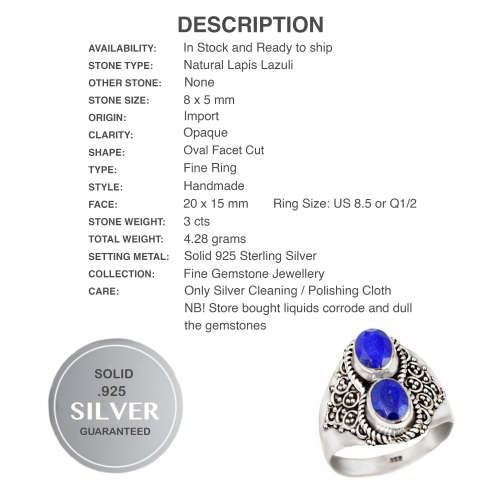 3 cts Natural Lapis Lazuli Oval Gemstones set in Solid .925 Sterling Silver Ring Size 8.5 / Q 1/2