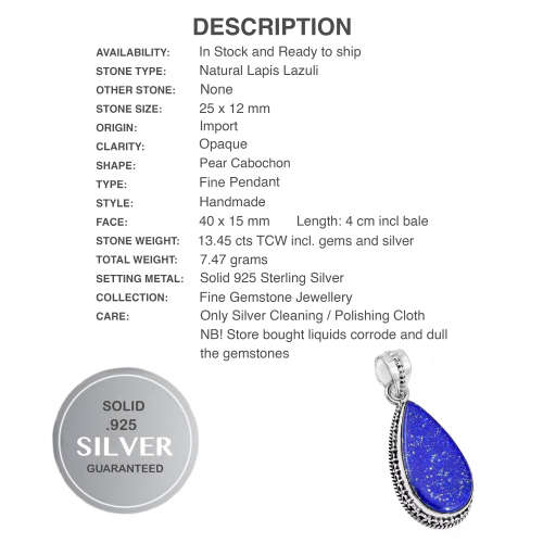Enchanting Natural Lapis Lazuli Gemstone Solid .925 Silver Pendant