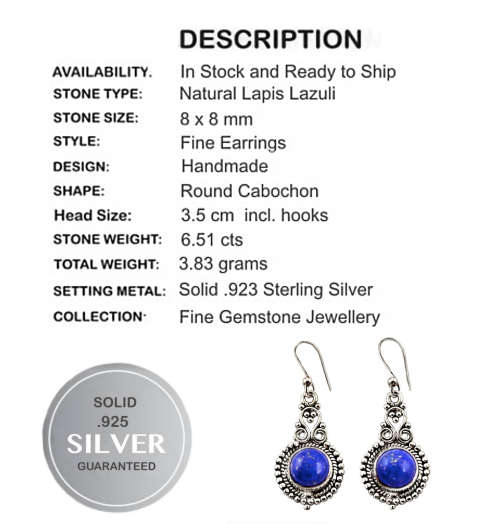 Natural Lapis Lazuli Gemstone Solid .925 Silver Earrings