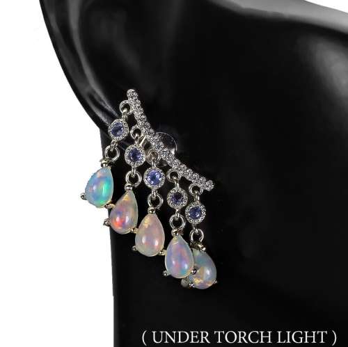 Natural Unheated Rainbow White Fire Opal & White Cubic Z Solid .925 Silver  14K White Gold Earrings