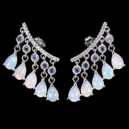 Natural Unheated Rainbow White Fire Opal & White Cubic Z Solid .925 Silver  14K White Gold Earrings