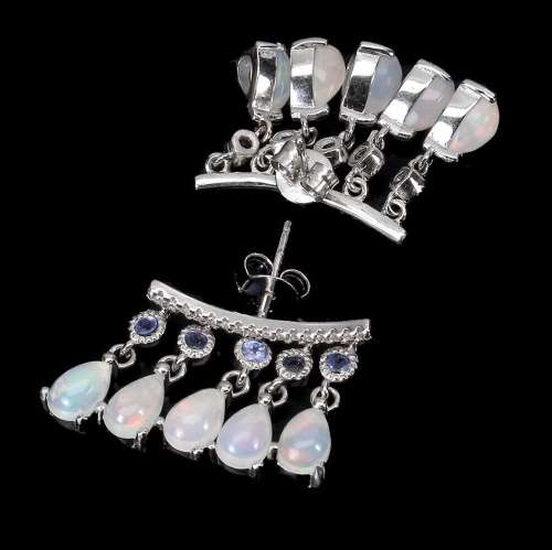 Natural Unheated Rainbow White Fire Opal & White Cubic Z Solid .925 Silver  14K White Gold Earrings