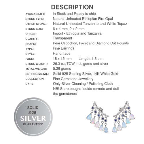 Natural Unheated Rainbow White Fire Opal & White Cubic Z Solid .925 Silver  14K White Gold Earrings