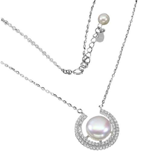Natural Freshwater Pearl and AAAA White CZ  in Solid. 925 Silver 14K White Gold Necklace