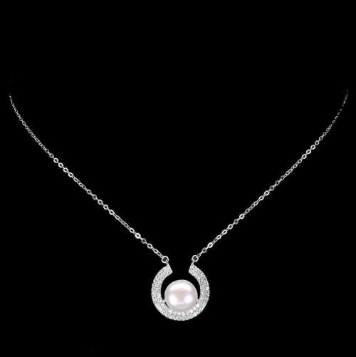 Natural Freshwater Pearl and AAAA White CZ  in Solid. 925 Silver 14K White Gold Necklace