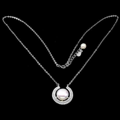 Natural Freshwater Pearl and AAAA White CZ  in Solid. 925 Silver 14K White Gold Necklace