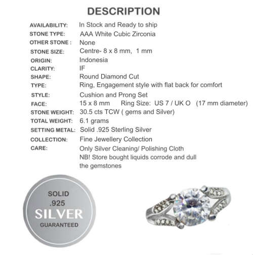 AAA White Cubic Zirconia Engagement set in Solid .925 Sterling Silver Ring Size US 7 / UK O