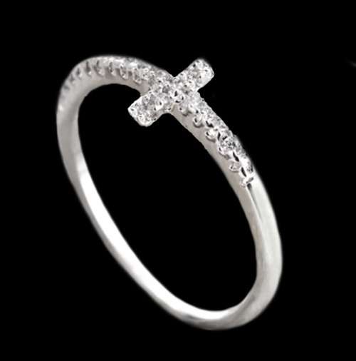 White Cubic Zirconia set in Hallmarked .925 Sterling Silver Plated Cross Ring Size 7 / O