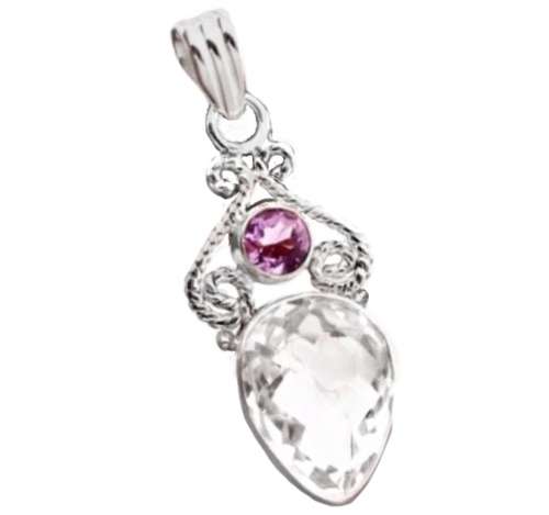 Sparkling 13.84 cts Natural Purple Amethyst, White Topaz Pendant .925 Solid Sterling Silver